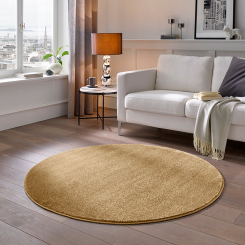 Kurzflor Teppich Designer | Flauschiger Flachflor fürs Wohnzimmer, Esszimmer, Schlafzimmer oder Kinderzimmer | Gelb Rund